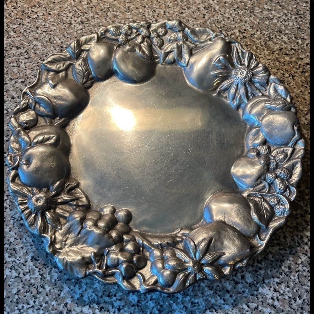 Pewtarex Floral and Fruit Design on Round Metalware Tray.